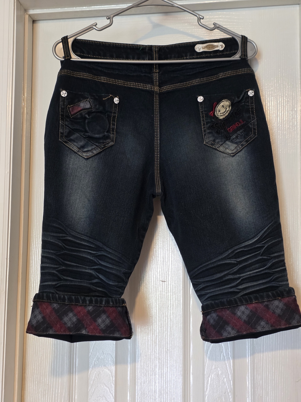 Seven7 Dark Blue Cropped Jeans with Plaid Cuffs